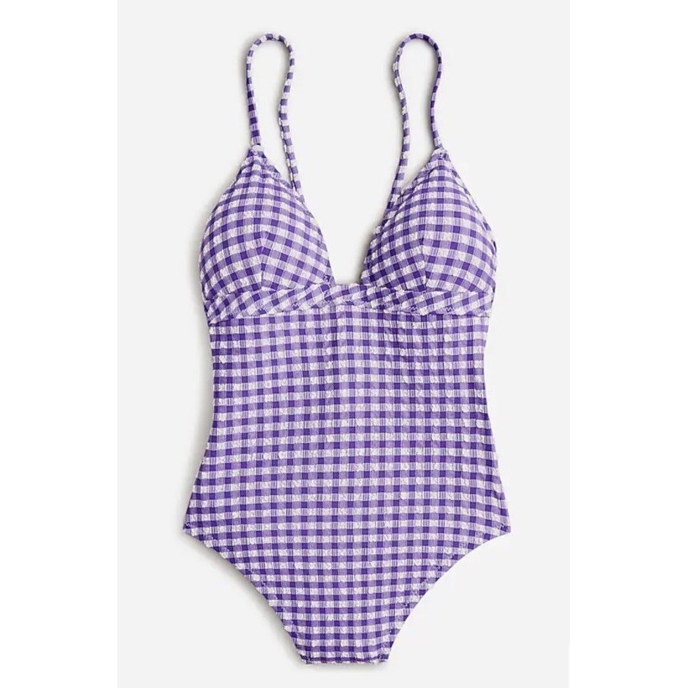 BX665 J‎ Crew Plunge Royal Violet Gingham One Piece Swimsuit $128 Size 22 New